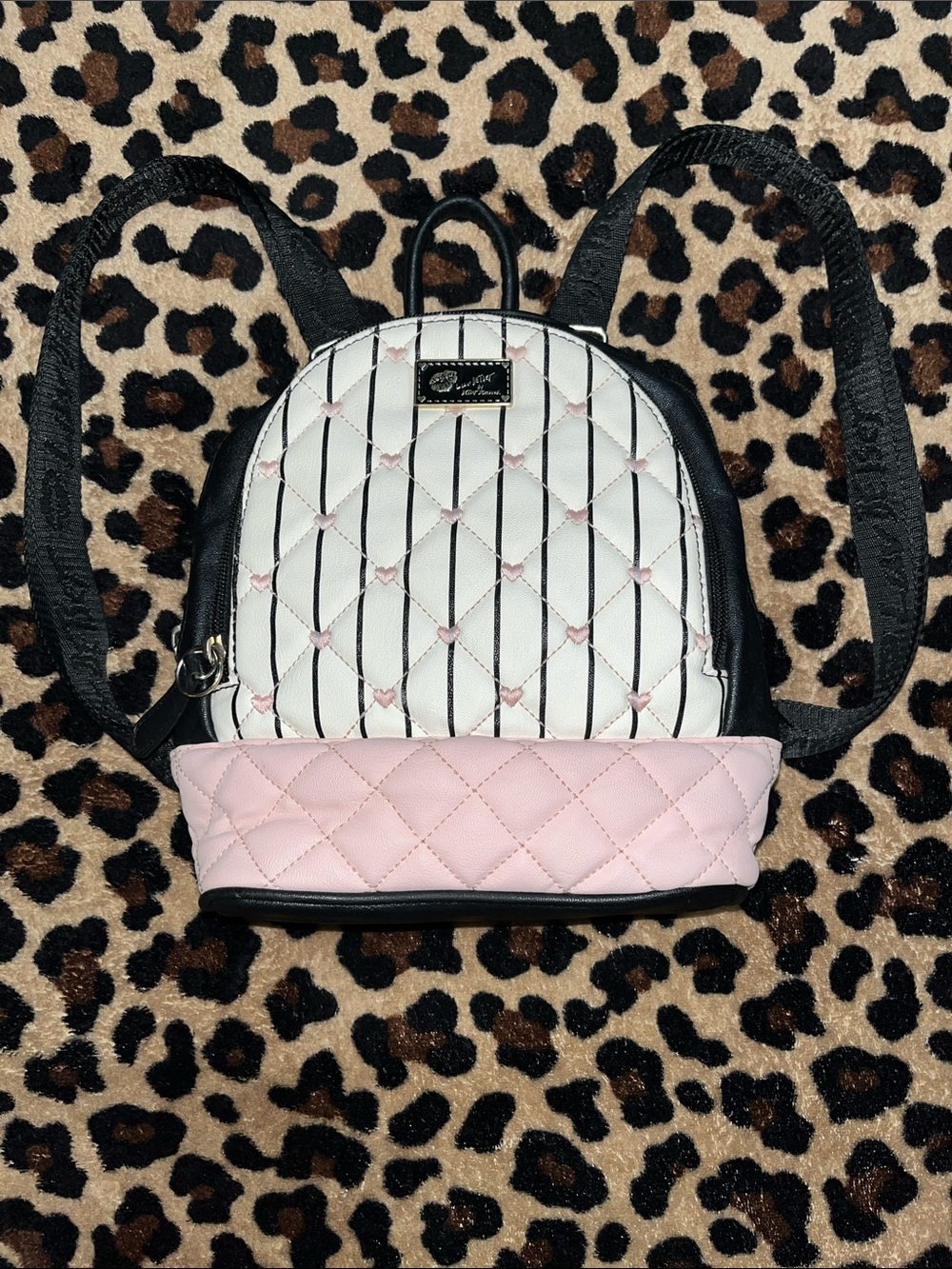 Betsey Johnson Quilted Mini Backpack in White, Pink & Black